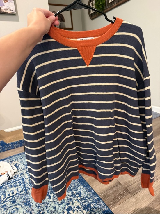 Staccato Sweaters - Staccato Navy and Cream Striped Crewneck Sweater with Orange Trim